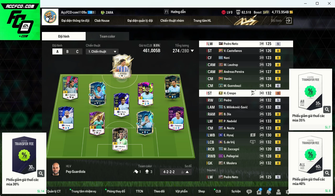 [ACC Rẻ🔥] Lazio 461.000b có Savic 25TS, Zaccagni 25TS, B. Dia 23HW, Crespo ITM+3, Verón JNM, Nedved BTB, Pedro LE, Nesta LN, M. Laudrup CC... Còn nhiều CP GIẢM THUẾ, Đã đào tạo full nhiều CT, HLV Xịn